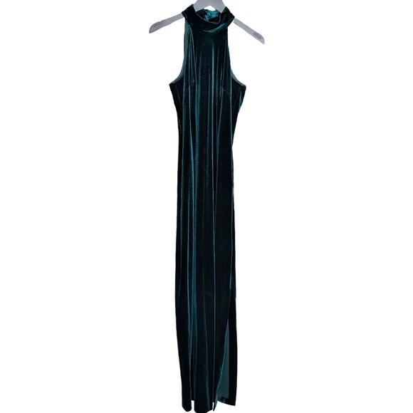 Badgley Mischka Teal Velvet Halter Neck Sleeveless Sheath Gown - Picture 6 of 9